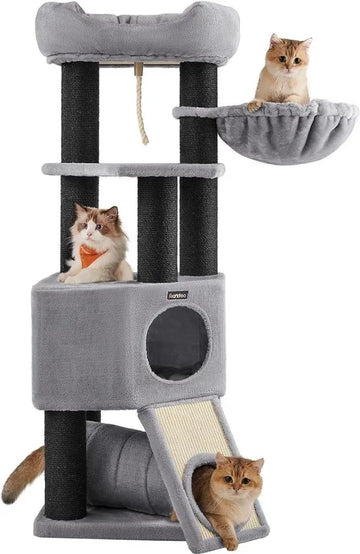 FurnStar - Krabpaal groot - Kattenboom met donzig uitkijkplatform - Bank en knuffelgrot - Kattentoren - Extra dikke stammen volledig omwikkeld met zwarte sisal - Stal - Lichtgrijs