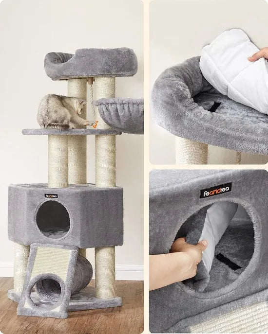 FurnStar - Krabpaal groot - Kattenboom met donzig uitkijkplatform - Bank en knuffelgrot - Kattentoren - Extra dikke stammen volledig omwikkeld met zwarte sisal - Stal - Lichtgrijs