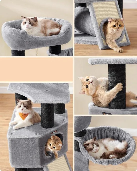 FurnStar - Krabpaal groot - Kattenboom met donzig uitkijkplatform - Bank en knuffelgrot - Kattentoren - Extra dikke stammen volledig omwikkeld met zwarte sisal - Stal - Lichtgrijs
