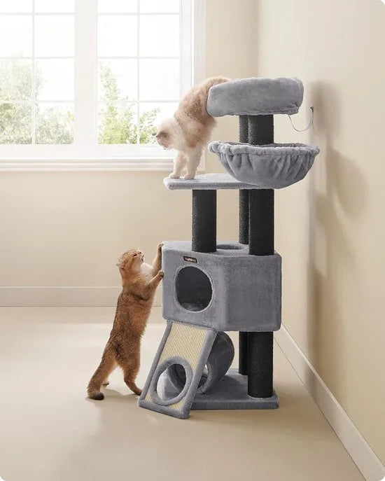 FurnStar - Krabpaal groot - Kattenboom met donzig uitkijkplatform - Bank en knuffelgrot - Kattentoren - Extra dikke stammen volledig omwikkeld met zwarte sisal - Stal - Lichtgrijs