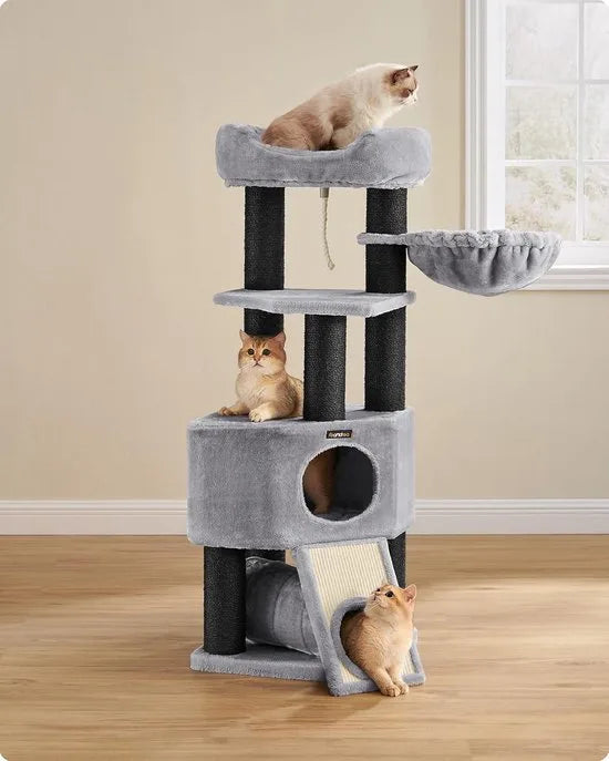 FurnStar - Krabpaal groot - Kattenboom met donzig uitkijkplatform - Bank en knuffelgrot - Kattentoren - Extra dikke stammen volledig omwikkeld met zwarte sisal - Stal - Lichtgrijs