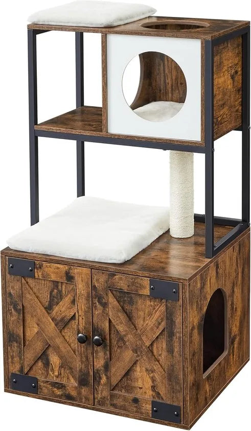 FurnStar - Krabpaal - Kattenboom met kattenbak kast - 2-in-1 kattenhuis voor katten - Met Sisalstam - platforms - Vintage bruin