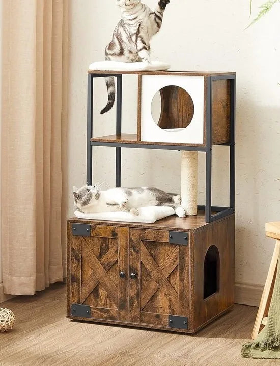 FurnStar - Krabpaal - Kattenboom met kattenbak kast - 2-in-1 kattenhuis voor katten - Met Sisalstam - platforms - Vintage bruin