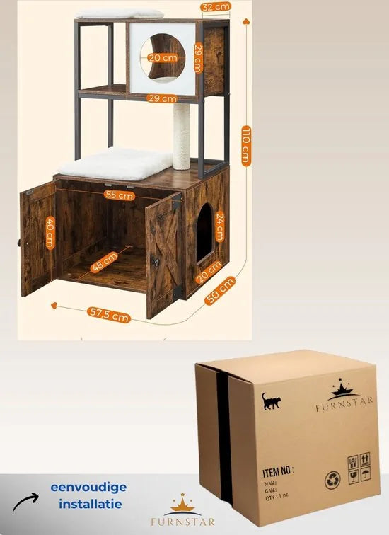 FurnStar - Krabpaal - Kattenboom met kattenbak kast - 2-in-1 kattenhuis voor katten - Met Sisalstam - platforms - Vintage bruin