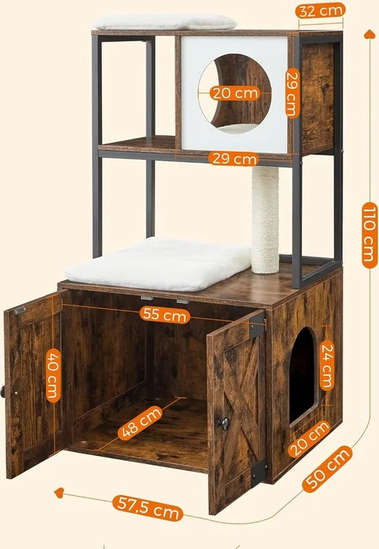 FurnStar - Krabpaal - Kattenboom met kattenbak kast - 2-in-1 kattenhuis voor katten - Met Sisalstam - platforms - Vintage bruin