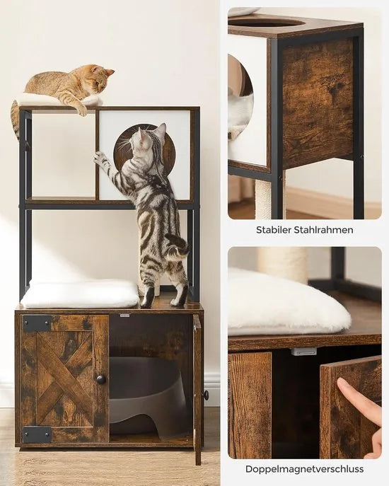 FurnStar - Krabpaal - Kattenboom met kattenbak kast - 2-in-1 kattenhuis voor katten - Met Sisalstam - platforms - Vintage bruin