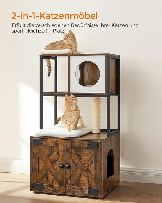 FurnStar - Krabpaal - Kattenboom met kattenbak kast - 2-in-1 kattenhuis voor katten - Met Sisalstam - platforms - Vintage bruin