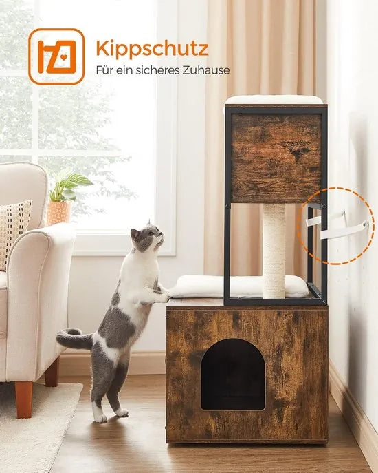 FurnStar - Krabpaal - Kattenboom met kattenbak kast - 2-in-1 kattenhuis voor katten - Met Sisalstam - platforms - Vintage bruin