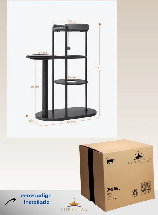FurnStar - Krabpaal - Kattenboom - Metalen Buizen - Met Kussen en Platform - Kattenspeelbal - 80 x 43 x 111 cm - Voor Kat - Zwart