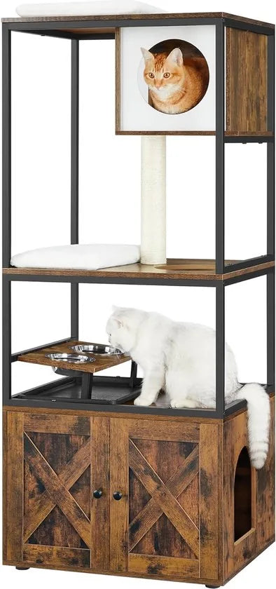 FurnStar - Krabpaal - Kattenhuis met Kattenbak - Verhoogde Komhouder - Sisalpaal - Wasbare Tapijten - Vintage Bruin