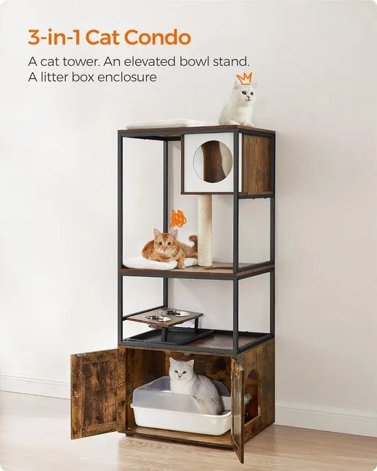 FurnStar - Krabpaal - Kattenhuis met Kattenbak - Verhoogde Komhouder - Sisalpaal - Wasbare Tapijten - Vintage Bruin