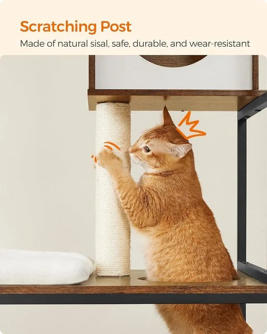 FurnStar - Krabpaal - Kattenhuis met Kattenbak - Verhoogde Komhouder - Sisalpaal - Wasbare Tapijten - Vintage Bruin
