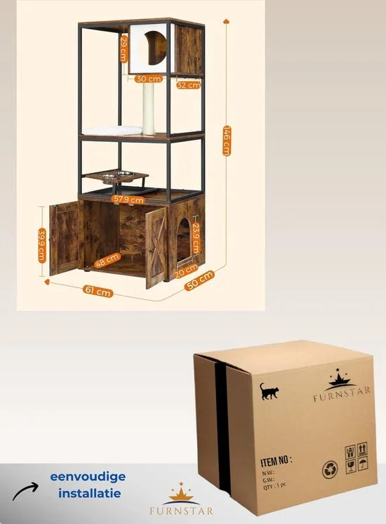 FurnStar - Krabpaal - Kattenhuis met Kattenbak - Verhoogde Komhouder - Sisalpaal - Wasbare Tapijten - Vintage Bruin