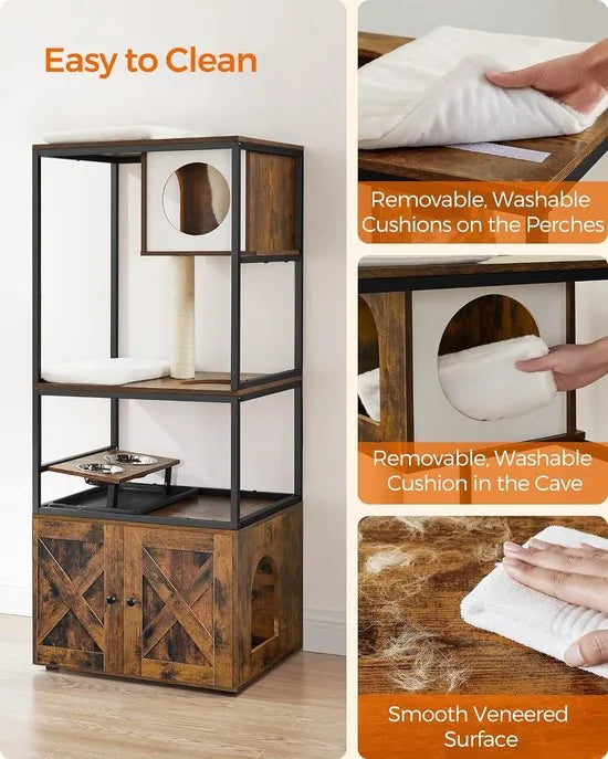 FurnStar - Krabpaal - Kattenhuis met Kattenbak - Verhoogde Komhouder - Sisalpaal - Wasbare Tapijten - Vintage Bruin