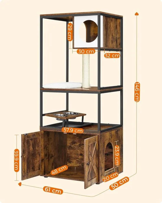 FurnStar - Krabpaal - Kattenhuis met Kattenbak - Verhoogde Komhouder - Sisalpaal - Wasbare Tapijten - Vintage Bruin