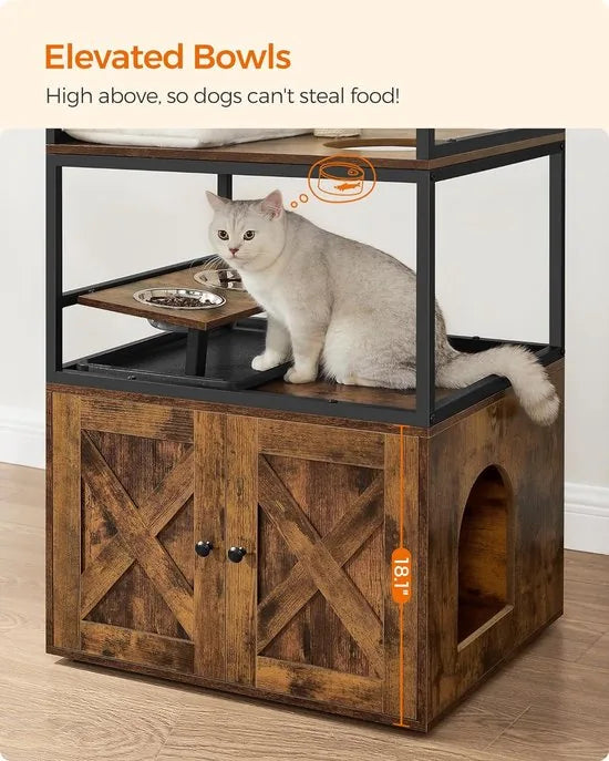 FurnStar - Krabpaal - Kattenhuis met Kattenbak - Verhoogde Komhouder - Sisalpaal - Wasbare Tapijten - Vintage Bruin