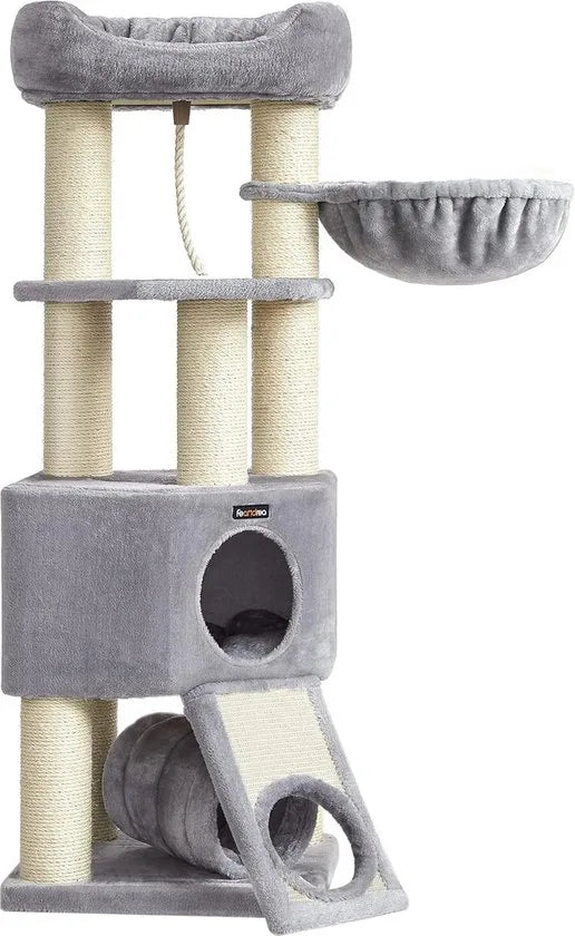 FurnStar - Krabpaal - Krabpaal groot - Kattenboom met donzig uitkijkplatform -Bank en knuffelgrot - Kattentoren - Extra dikke stammen volledig omwikkeld met zwarte sisal - Stal - Lichtgrijs
