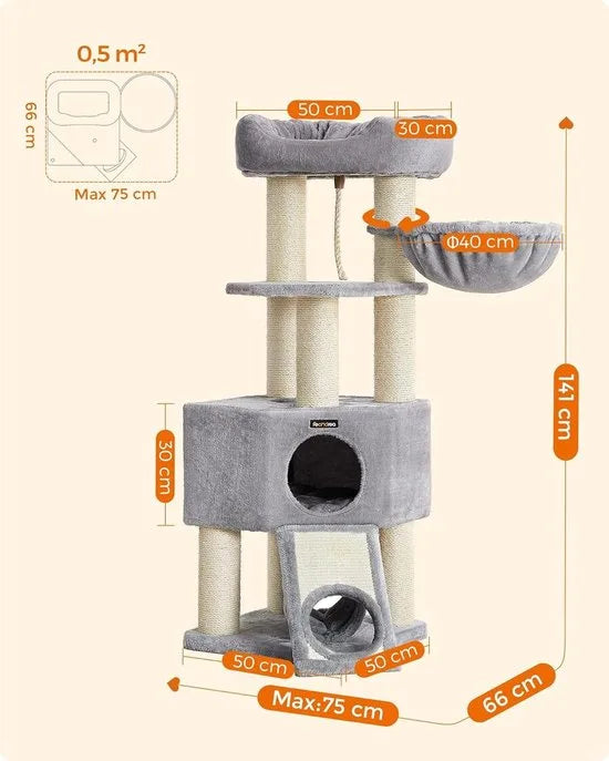 FurnStar - Krabpaal - Krabpaal groot - Kattenboom met donzig uitkijkplatform -Bank en knuffelgrot - Kattentoren - Extra dikke stammen volledig omwikkeld met zwarte sisal - Stal - Lichtgrijs