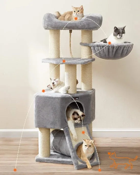 FurnStar - Krabpaal - Krabpaal groot - Kattenboom met donzig uitkijkplatform -Bank en knuffelgrot - Kattentoren - Extra dikke stammen volledig omwikkeld met zwarte sisal - Stal - Lichtgrijs