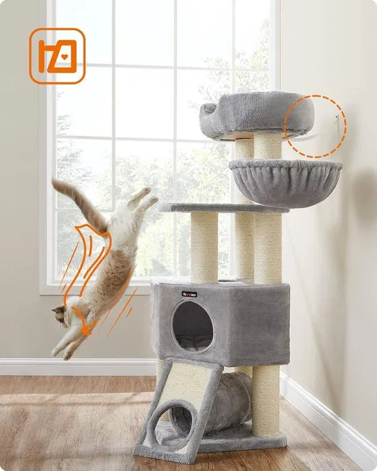 FurnStar - Krabpaal - Krabpaal groot - Kattenboom met donzig uitkijkplatform -Bank en knuffelgrot - Kattentoren - Extra dikke stammen volledig omwikkeld met zwarte sisal - Stal - Lichtgrijs