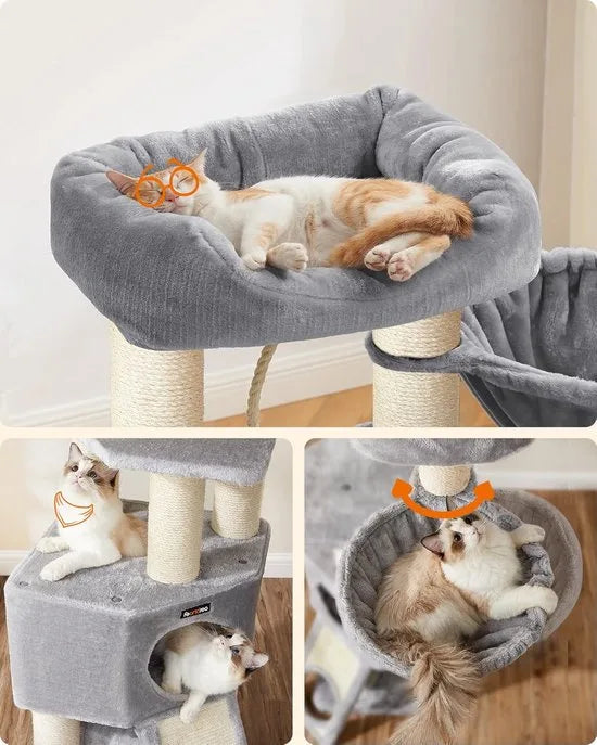 FurnStar - Krabpaal - Krabpaal groot - Kattenboom met donzig uitkijkplatform -Bank en knuffelgrot - Kattentoren - Extra dikke stammen volledig omwikkeld met zwarte sisal - Stal - Lichtgrijs