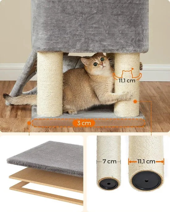 FurnStar - Krabpaal - Krabpaal groot - Kattenboom met donzig uitkijkplatform -Bank en knuffelgrot - Kattentoren - Extra dikke stammen volledig omwikkeld met zwarte sisal - Stal - Lichtgrijs