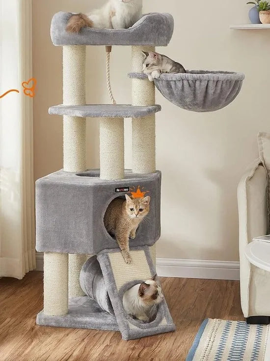 FurnStar - Krabpaal - Krabpaal groot - Kattenboom met donzig uitkijkplatform -Bank en knuffelgrot - Kattentoren - Extra dikke stammen volledig omwikkeld met zwarte sisal - Stal - Lichtgrijs
