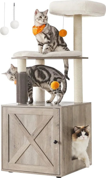 FurnStar - Krabpaal - Met Kattenbakkast - 2 in 1 Moderne Kattenboom - 134 cm - Krabpaal voor Katten - Krabpalen - Met Roomer - Krabzuilen - Wasbare Kussens - Katten Platform - Grijs