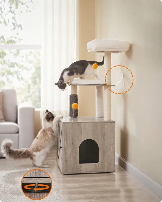 FurnStar - Krabpaal - Met Kattenbakkast - 2 in 1 Moderne Kattenboom - 134 cm - Krabpaal voor Katten - Krabpalen - Met Roomer - Krabzuilen - Wasbare Kussens - Katten Platform - Grijs