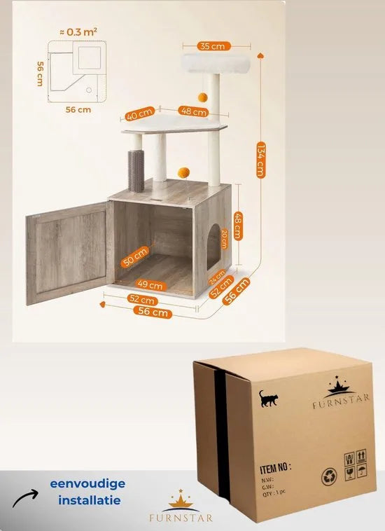 FurnStar - Krabpaal - Met Kattenbakkast - 2 in 1 Moderne Kattenboom - 134 cm - Krabpaal voor Katten - Krabpalen - Met Roomer - Krabzuilen - Wasbare Kussens - Katten Platform - Grijs
