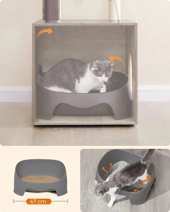 FurnStar - Krabpaal - Met Kattenbakkast - 2 in 1 Moderne Kattenboom - 134 cm - Krabpaal voor Katten - Krabpalen - Met Roomer - Krabzuilen - Wasbare Kussens - Katten Platform - Grijs