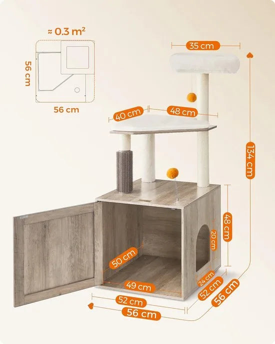 FurnStar - Krabpaal - Met Kattenbakkast - 2 in 1 Moderne Kattenboom - 134 cm - Krabpaal voor Katten - Krabpalen - Met Roomer - Krabzuilen - Wasbare Kussens - Katten Platform - Grijs
