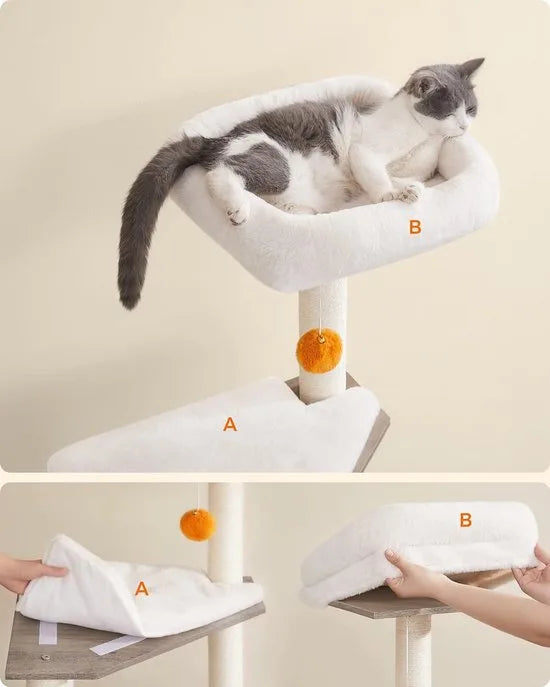 FurnStar - Krabpaal - Met Kattenbakkast - 2 in 1 Moderne Kattenboom - 134 cm - Krabpaal voor Katten - Krabpalen - Met Roomer - Krabzuilen - Wasbare Kussens - Katten Platform - Grijs