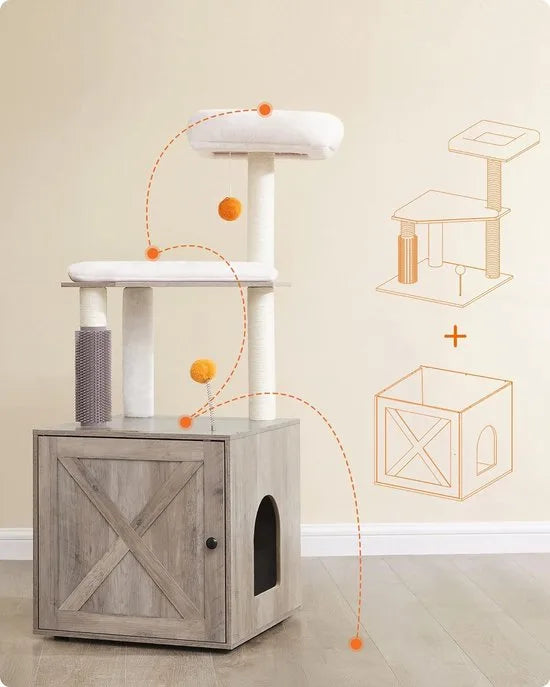 FurnStar - Krabpaal - Met Kattenbakkast - 2 in 1 Moderne Kattenboom - 134 cm - Krabpaal voor Katten - Krabpalen - Met Roomer - Krabzuilen - Wasbare Kussens - Katten Platform - Grijs