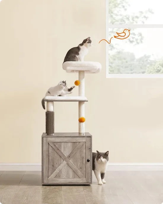 FurnStar - Krabpaal - Met Kattenbakkast - 2 in 1 Moderne Kattenboom - 134 cm - Krabpaal voor Katten - Krabpalen - Met Roomer - Krabzuilen - Wasbare Kussens - Katten Platform - Grijs