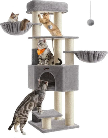 FurnStar - Krabpaal - met Zelfverwarmende Deken - Voor Grote Katten - Kattenboom - 2 Kattenborstels - Brede Platforms - Hol - 50 x 50 x 160 cm, Duifgrijs Creme