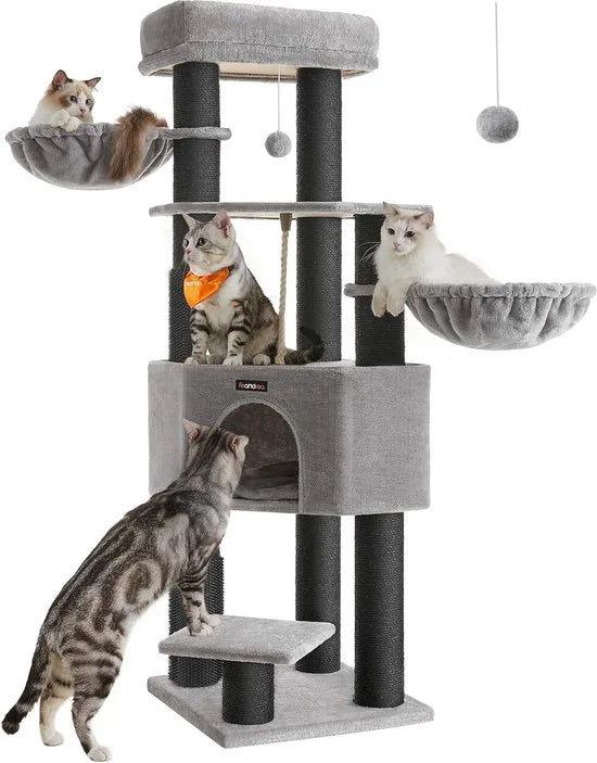 FurnStar - Krabpaal - met Zelfverwarmende Deken - Voor Grote Katten - Kattenboom - 2 Kattenborstels - Brede Platforms - Hol - 50 x 50 x 160 cm, Duifgrijs Zwart