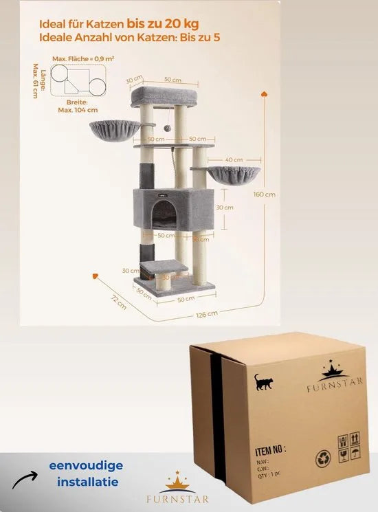 FurnStar - Krabpaal - met Zelfverwarmende Deken - Voor Grote Katten - Kattenboom - 2 Kattenborstels - Brede Platforms - Hol - 50 x 50 x 160 cm, Duifgrijs Zwart – Duifgrijs creme