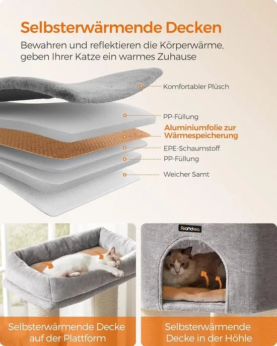FurnStar - Krabpaal - met Zelfverwarmende Deken - Voor Grote Katten - Kattenboom - 2 Kattenborstels - Brede Platforms - Hol - 50 x 50 x 160 cm, Duifgrijs Creme