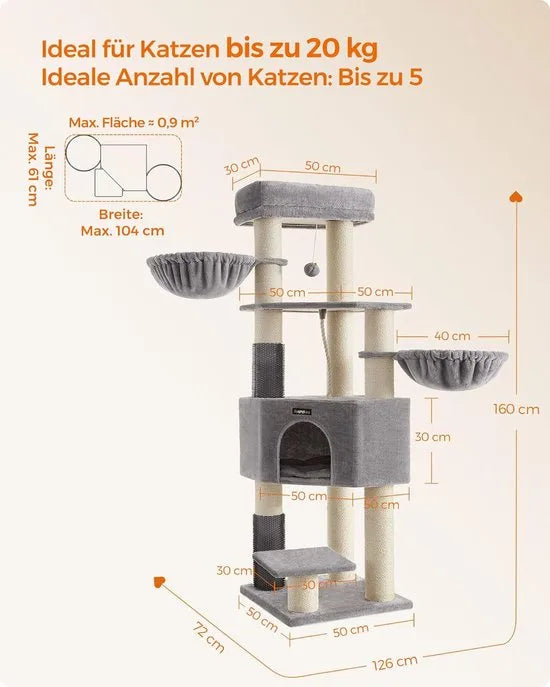 FurnStar - Krabpaal - met Zelfverwarmende Deken - Voor Grote Katten - Kattenboom - 2 Kattenborstels - Brede Platforms - Hol - 50 x 50 x 160 cm, Duifgrijs Zwart – Duifgrijs creme