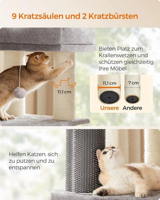 FurnStar - Krabpaal - met Zelfverwarmende Deken - Voor Grote Katten - Kattenboom - 2 Kattenborstels - Brede Platforms - Hol - 50 x 50 x 160 cm, Duifgrijs Creme
