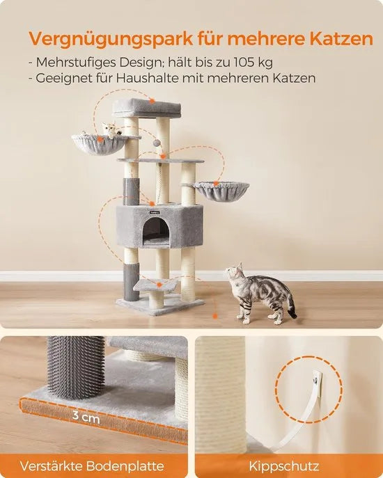 FurnStar - Krabpaal - met Zelfverwarmende Deken - Voor Grote Katten - Kattenboom - 2 Kattenborstels - Brede Platforms - Hol - 50 x 50 x 160 cm, Duifgrijs Creme