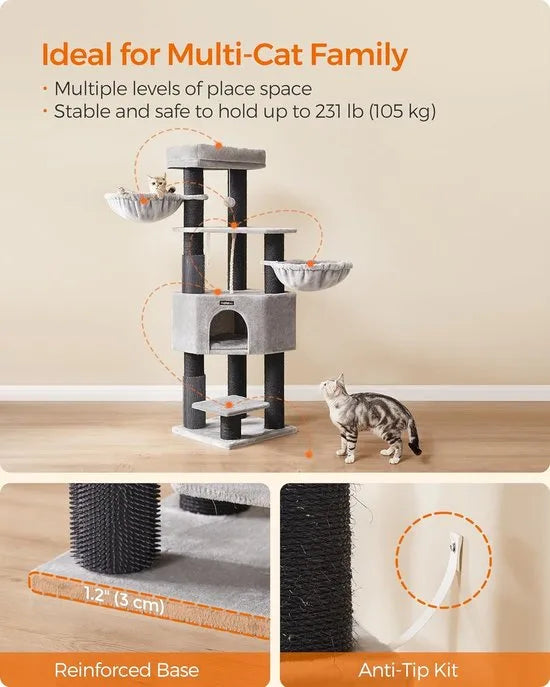 FurnStar - Krabpaal - met Zelfverwarmende Deken - Voor Grote Katten - Kattenboom - 2 Kattenborstels - Brede Platforms - Hol - 50 x 50 x 160 cm, Duifgrijs Zwart