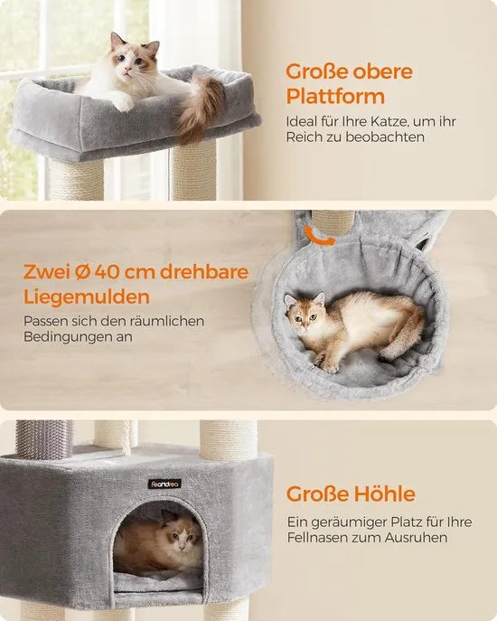 FurnStar - Krabpaal - met Zelfverwarmende Deken - Voor Grote Katten - Kattenboom - 2 Kattenborstels - Brede Platforms - Hol - 50 x 50 x 160 cm, Duifgrijs Creme