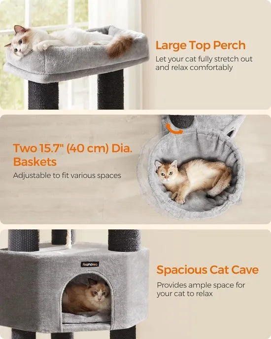 FurnStar - Krabpaal - met Zelfverwarmende Deken - Voor Grote Katten - Kattenboom - 2 Kattenborstels - Brede Platforms - Hol - 50 x 50 x 160 cm, Duifgrijs Zwart