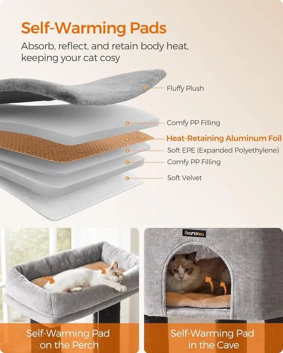 FurnStar - Krabpaal - met Zelfverwarmende Deken - Voor Grote Katten - Kattenboom - 2 Kattenborstels - Brede Platforms - Hol - 50 x 50 x 160 cm, Duifgrijs Zwart