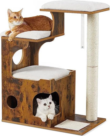 FurnStar - Krabpaal - Middelgrote kattenkrabpaal met 3 ligvlakken en grot - Krabpaal van MDF met houtfineer - Sisalstam - Wasbare pluche kussens - 66x42x88 cm - Bruin