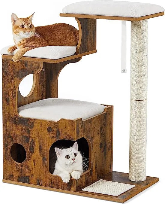 FurnStar - Krabpaal - Middelgrote kattenkrabpaal met 3 ligvlakken en grot - Krabpaal van MDF met houtfineer - Sisalstam - Wasbare pluche kussens - 66x42x88 cm - Bruin