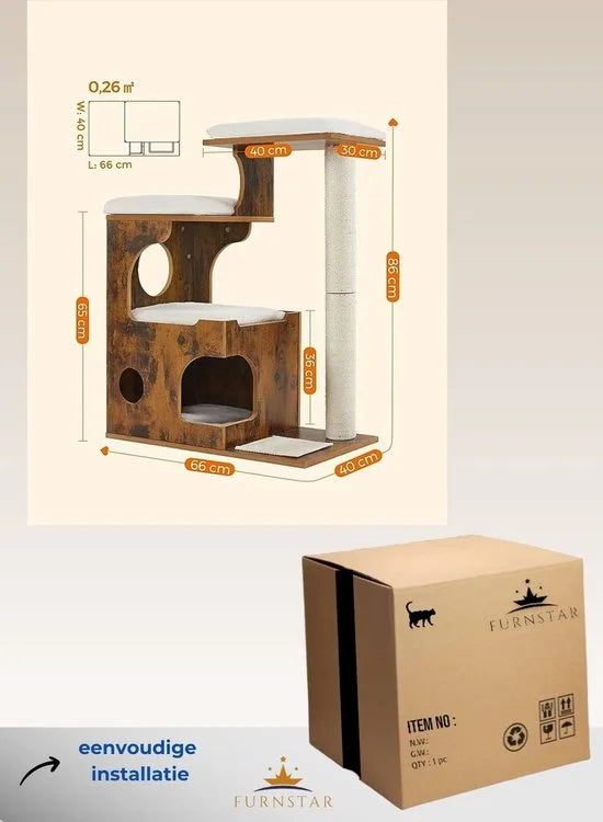 FurnStar - Krabpaal - Middelgrote kattenkrabpaal met 3 ligvlakken en grot - Krabpaal van MDF met houtfineer - Sisalstam - Wasbare pluche kussens - 66x42x88 cm - Bruin