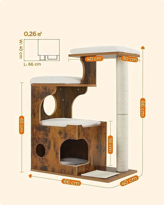 FurnStar - Krabpaal - Middelgrote kattenkrabpaal met 3 ligvlakken en grot - Krabpaal van MDF met houtfineer - Sisalstam - Wasbare pluche kussens - 66x42x88 cm - Bruin